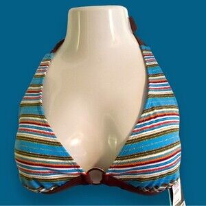 ATHENA VINTAGE Halter Swim Bra Banded Sz D Multi-Striped Brown Trim & Ties NWT